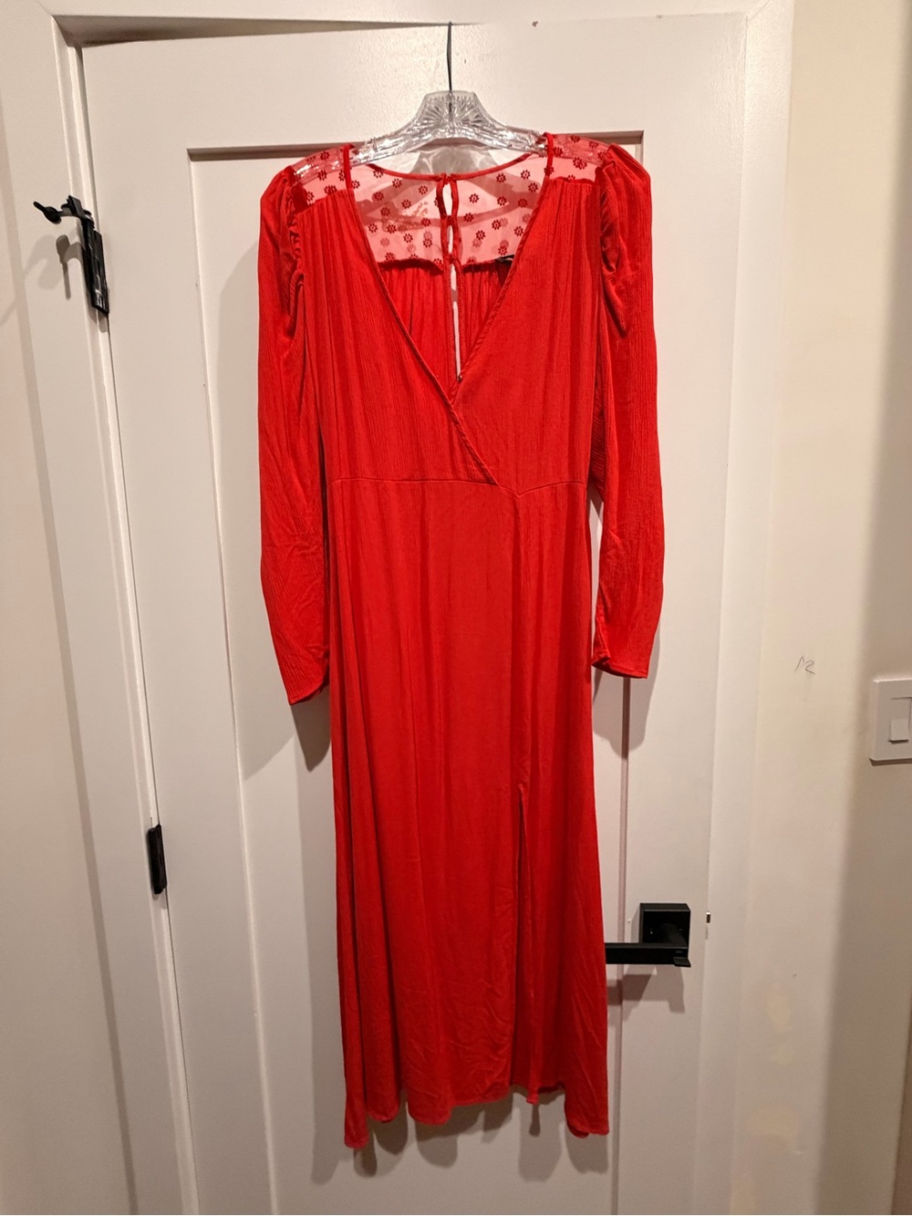 NSR Red Long-Sleeve V-Neck Midi Dress with Sheer Embroidered Yoke
